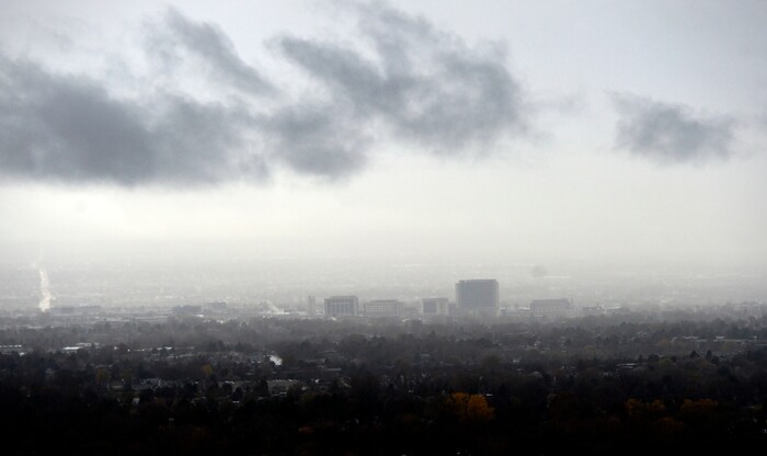 (Al Hartmann | The Salt Lake Tribune)
Intermountain Medical Center in Murray is barely visible as a wet storm rolls into the Salt Lake Vallery Friday morning Nov. 18.