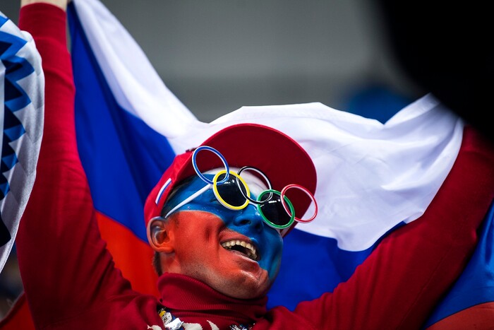 (Chris Detrick  |  The Salt Lake Tribune)  A Russian fan cheers during the United States vs Olympic Athletes from Russia hockey game at Gangneung Hockey Centre during the Pyeongchang 2018 Winter Olympics Saturday, Feb. 17, 2018. Olympic Athletes from Russia defeated United States 4-0.
