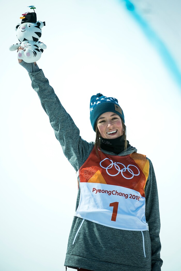 (Chris Detrick  |  The Salt Lake Tribune)  Brita Sigourney of the United States celebrates after the Ladies' Ski Halfpipe Final Run at Phoenix Park during the Pyeongchang 2018 Winter Olympics Tuesday, Feb. 20, 2018. Sigourney finished in 3rd place with a score of 89.80.