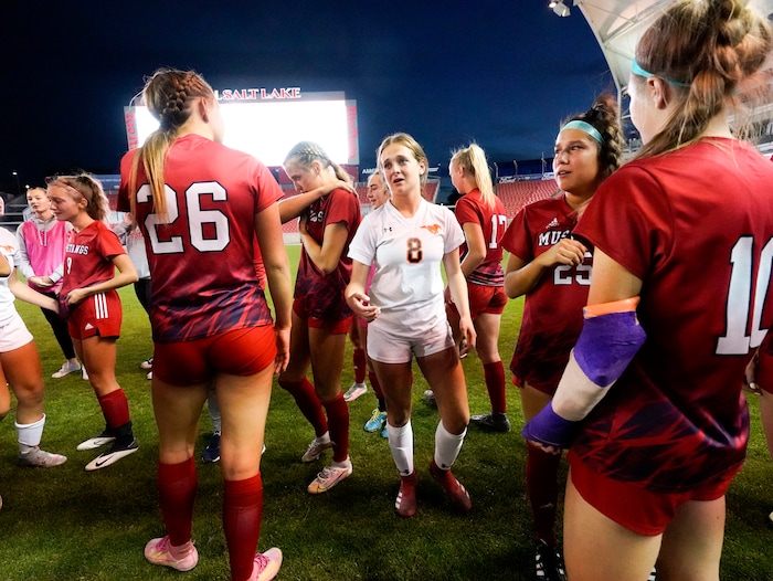 (Leah Hogsten | The Salt Lake Tribune) Mountain Crest's Brynleigh Ritchie congratulated the Mustangs on a great game at the 4A State Soccer Championship game between Mountain Crest High School and Crimson Cliffs High School, Oct. 22, 2021 at Rio Tinto Stadium. Mountain Crest defeated Crimson Cliffs 1-0 in double overtime.