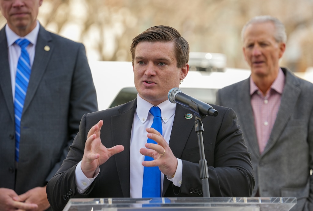 (Chris Samuels | The Salt Lake Tribune) Rep. Tyler Clancy, R-Provo, speaks during a ceremonial bill signing for public safety laws in Salt Lake City, Thursday, April 3, 2025.