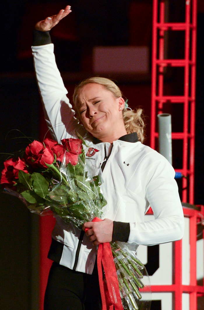 (Leah Hogsten  |  The Salt Lake Tribune) Senior Maddy Stover thanks the fans as the No. 4 Utah gymnasts host No. 20 Georgia in the final regular season meet at Jon M Huntsman Center in Salt Lake City Friday, March 16, 2018. 