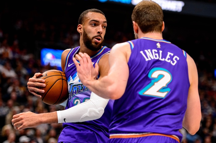 (Trent Nelson  |  The Salt Lake Tribune) Utah Jazz center Rudy Gobert (27) rebounds as the Utah Jazz host the Portland Trail Blazers, NBA basketball in Salt Lake City on Thursday, Dec. 26, 2019.