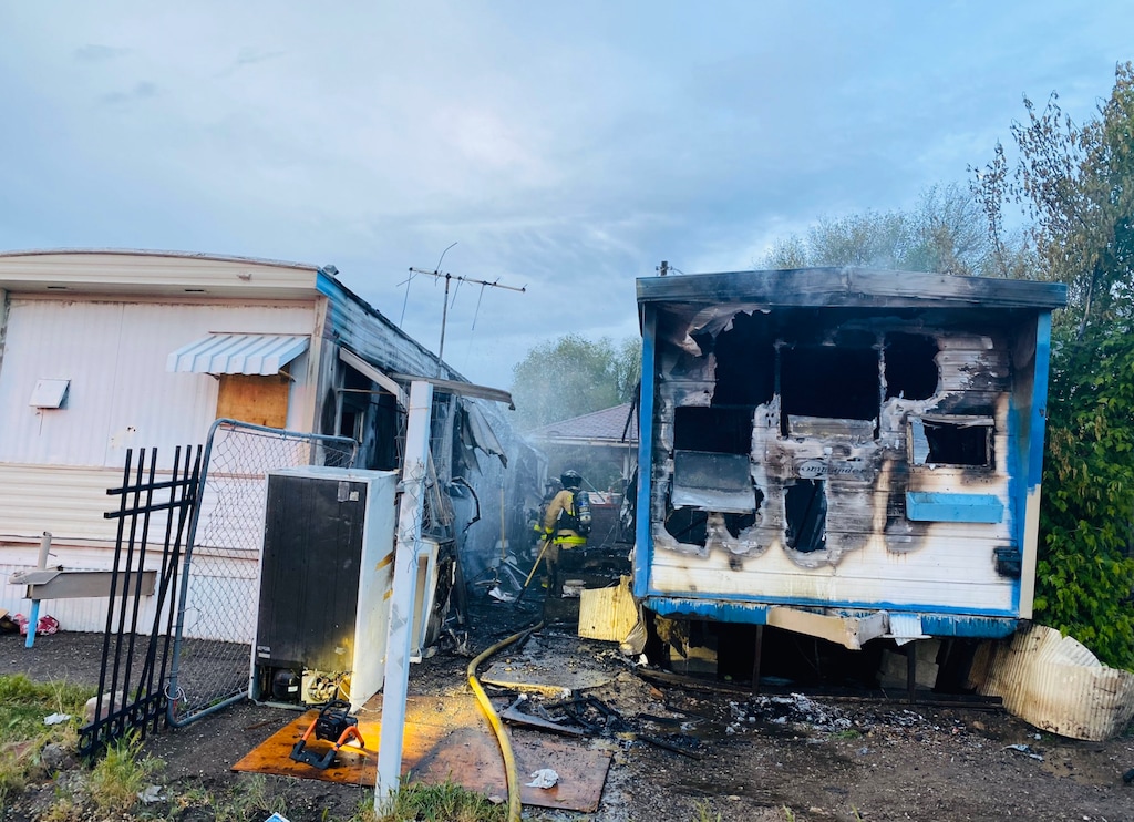 (Courtesy of Salt Lake City Fire Department) Crews fought a fire that damaged three mobile homes on Major Street in Salt Lake City early on Monday, May 11, 2020.