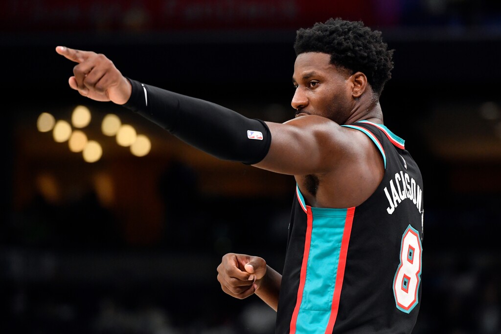 (Brandon Dill | AP) Jaren Jackson Jr. (8) plays in the first half of an NBA basketball game against the Utah Jazz on Dec. 12, 2025, in Memphis, Tenn. The Jazz acquired Jackson in a trade with the Grizzlies on Feb. 3, 2026.