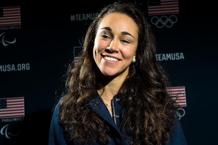 (Chris Detrick  |  The Salt Lake Tribune)  Ski jumping athlete Sarah Hendrickson speaks during the Team USA Media Summit at the Grand Summit Hotel in Canyons Village Tuesday, September 26, 2017.