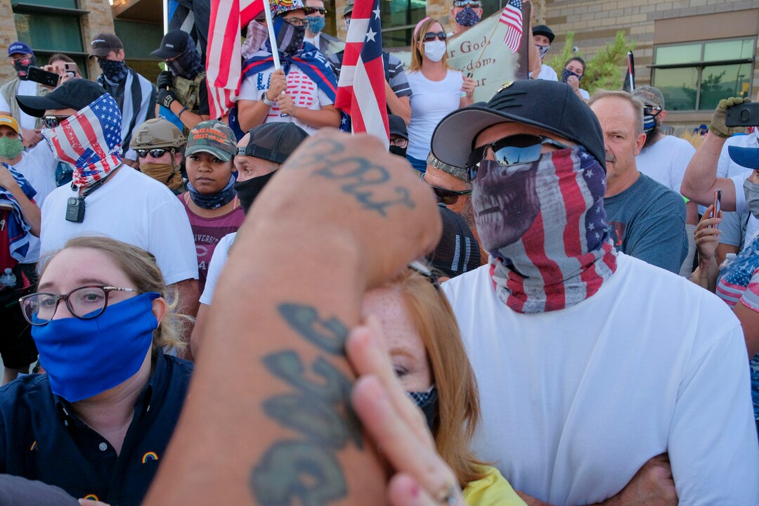 (Leah Hogsten  |  The Salt Lake Tribune) Five days after after nine protesters were arrested during a peaceful rally in memory of Zane James that turned into a violent clash with Cottonwood Heights officers, demonstrators gathered outside the police station Friday to denounce CHPD's actions and its officers for inciting the violence.