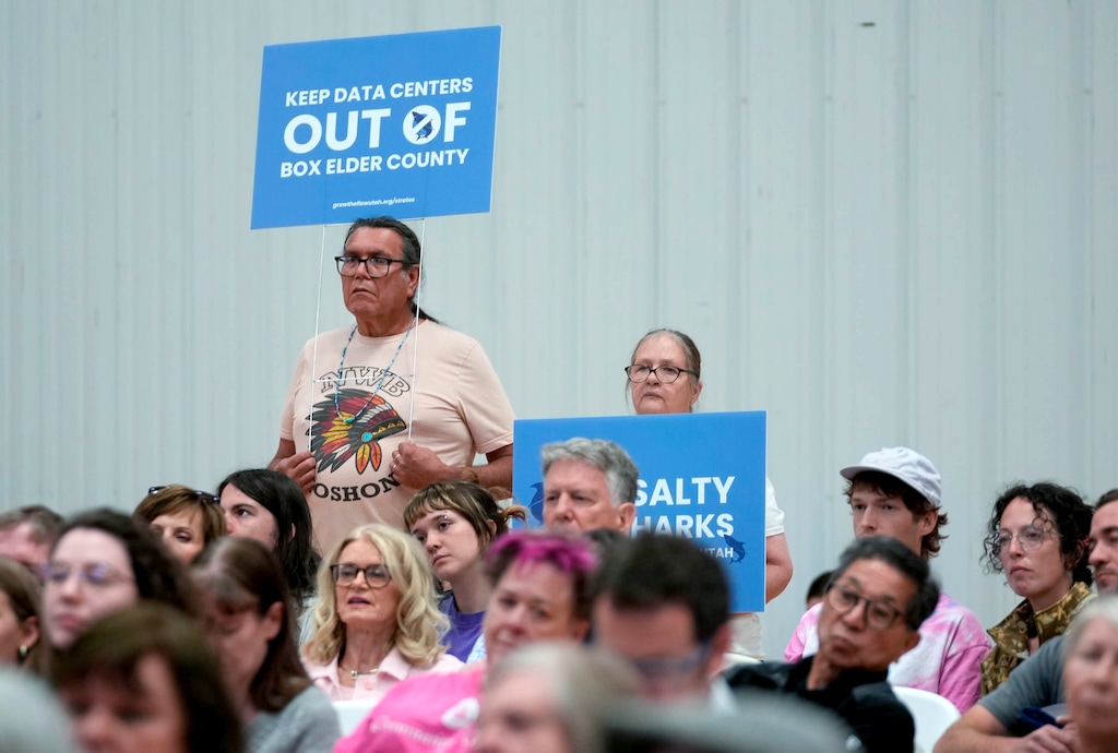 (Francisco Kjolseth | The Salt Lake Tribune) Around 150 people attend a public forum about the proposed Box Elder County data center at the Box Elder County Fairgrounds in Tremonton on Tuesday, May 26, 2026.

