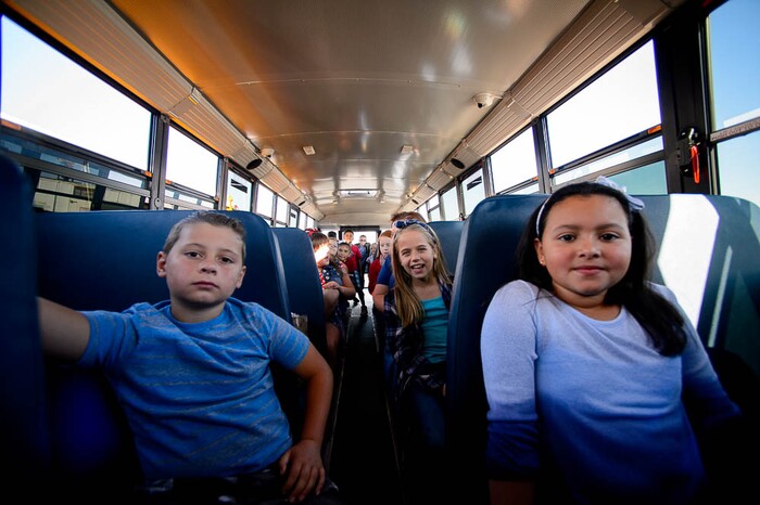 (Trent Nelson | The Salt Lake Tribune)
Fourth graders from Terra Linda Elementary arrive at a news conference introducing thirty-six new CNG school buses have been added to the Jordan School District fleet this year, bringing the total to 105, the largest fleet of CNG school buses in Utah. Wednesday Sept. 12, 2018.