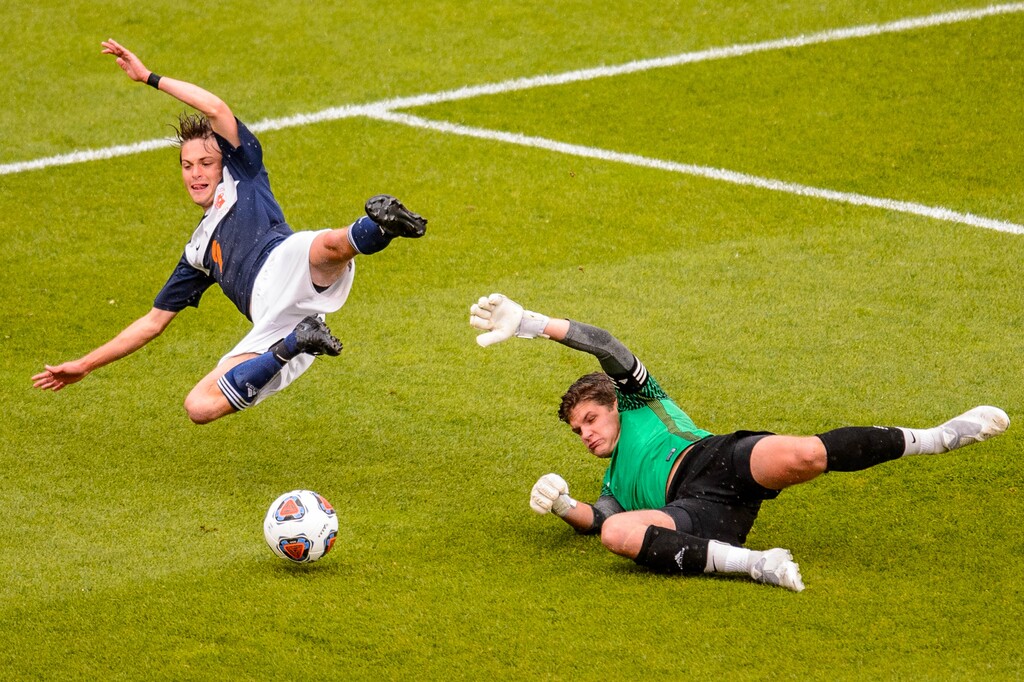 (Trent Nelson  |  The Salt Lake Tribune)  
Olympus's Ian Jones (1) fouls Brighton's Braxton Jones (5), setting up a penalty kick and score as Brighton defeats Olympus High School 3-2 in overtime in the 5A boys state championship game at Rio Tinto Stadium in Sandy on May 23, 2019.