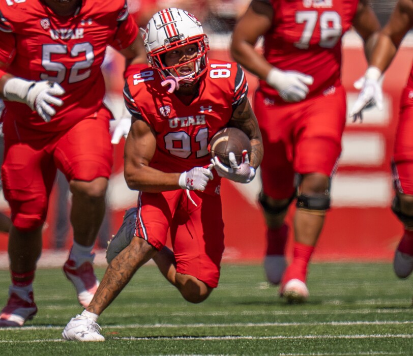 (Rick Egan | The Salt Lake Tribune) Utah Utes wide receiver Mikey Matthews (81) runs for the Utes, in football action between the Utah Utes and the Weber State Wildcats, at Rice-Eccles Stadium, on Saturday, Sept. 16, 2023.