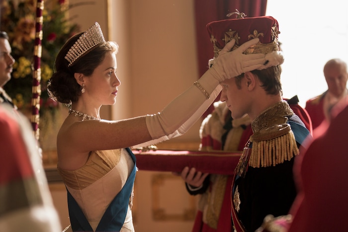 (Photo courtesy of Robert Viglasky/Netflix) Queen Elizabeth II (Claire Foy) formally makes Philip (Matt Smith) a British prince in Season 2 of “The Crown.”