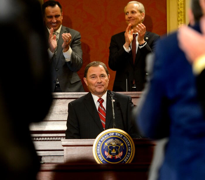 (Steve Griffin  |  The Salt Lake Tribune) Gov. Gary Herbert is applauded as he gives his State of the State address in the Utah House of Representatives in Salt Lake City Wednesday January 24, 2018.