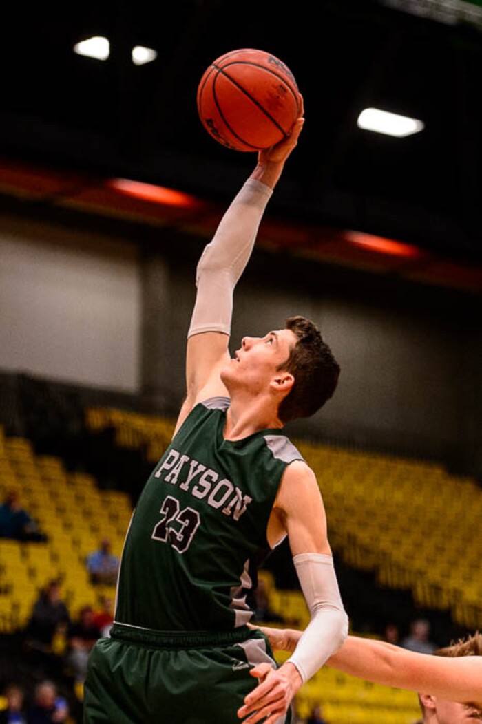 (Trent Nelson | The Salt Lake Tribune)  Payson vs. Sky View, 4A State high school basketball tournament at Utah Valley University in Orem, Thursday March 1, 2018. Payson's Hagen Wright (23).