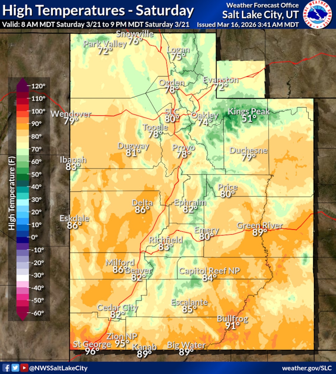 National Weather Service for high temperatures in Utah on March 21, 2026.