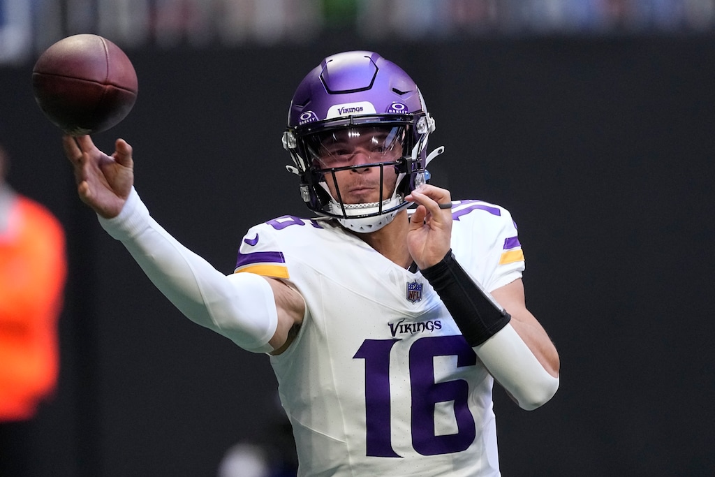 Minnesota Vikings quarterback Jaren Hall (16) throws a pass during the first half of an NFL football game against the Atlanta Falcons, Sunday, Nov. 5, 2023, in Atlanta. (AP Photo/John Bazemore)