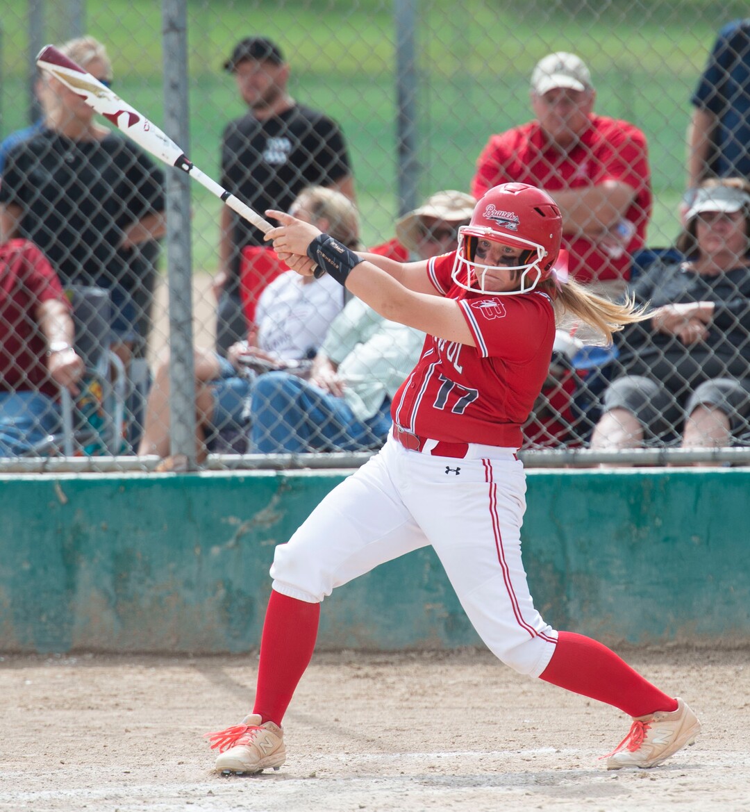 (Rick Egan  |  The Salt Lake Tribune)     Sophia Stoddard hits the ball for Bountiful High in 5A State Championship action between Bountiful and West High, in Taylorsville, Thursday May 30, 2019