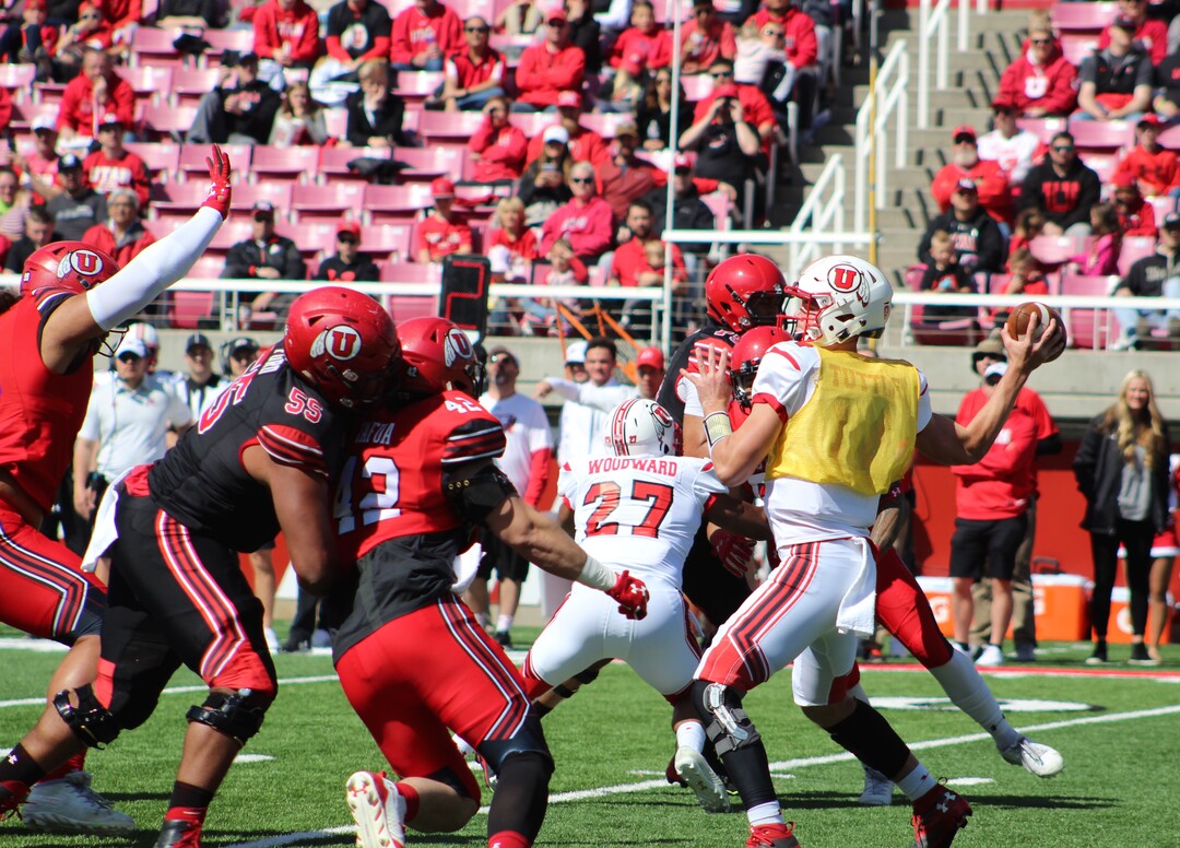 (Christopher Kamrani | The Salt Lake Tribune) Utah quarterback Jack Tuttle drops back to pass in the first half of Utah's Red-White game Saturday afternoon at Rice-Eccles Stadium.