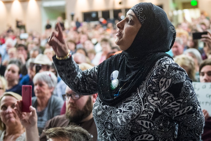 Chris Detrick  |  The Salt Lake Tribune
Noor Ul-Hasan asks a question during the town-hall meeting with U.S. Rep. Jason Chaffetz, R-Utah, in Brighton High School Thursday February 9, 2017. 