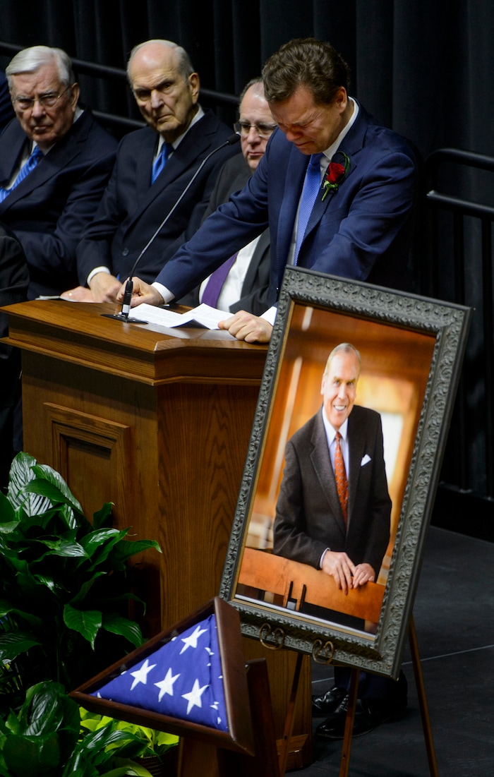 (Steve Griffin  |  The Salt Lake Tribune)  Peter Huntsman becomes emotional as he tells about chairing his first board meeting following his father's death during funeral services for Jon Huntsman Sr. at the Huntsman Center on the University of Utah campus in Salt Lake City Saturday February 10, 2018.