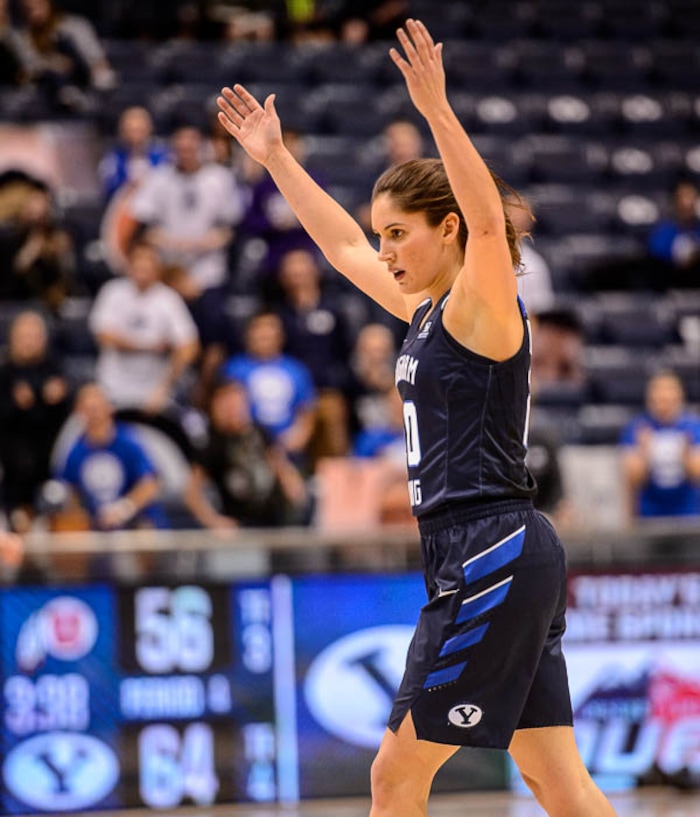 (Trent Nelson | The Salt Lake Tribune)  Brigham Young Cougars guard Cassie Broadhead Devashraye (20) celebrates as BYU hosts Utah, NCAA women's basketball in Provo, Saturday December 9, 2017.