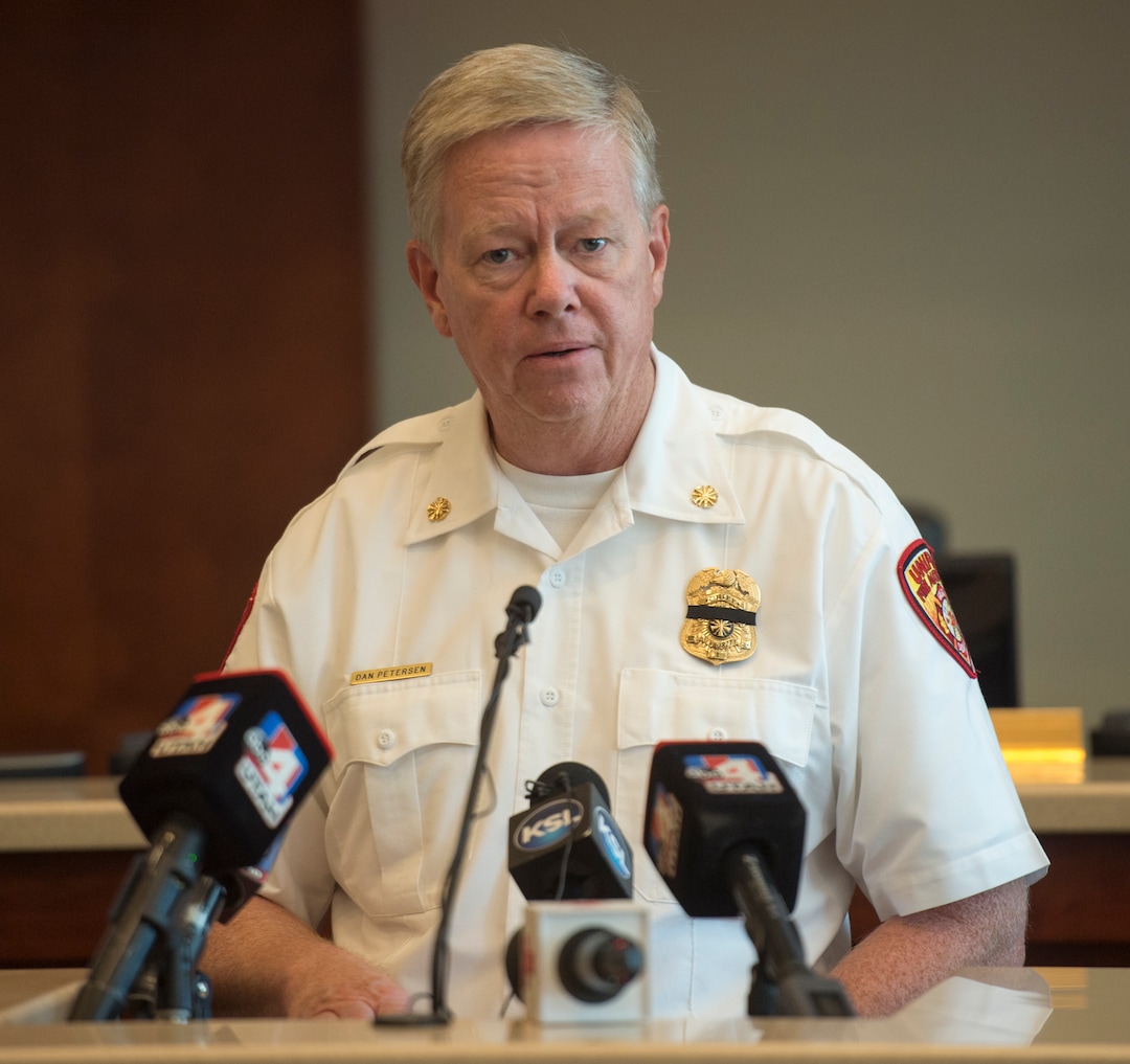 (Rick Egan  |  The Salt Lake Tribune)         Unified Fire Chief Dan Petersen speaks at a news conference at Draper City Hall about Matt Burchett, 42, who died fighting wildfires in California. Tuesday, Aug. 14, 2018.