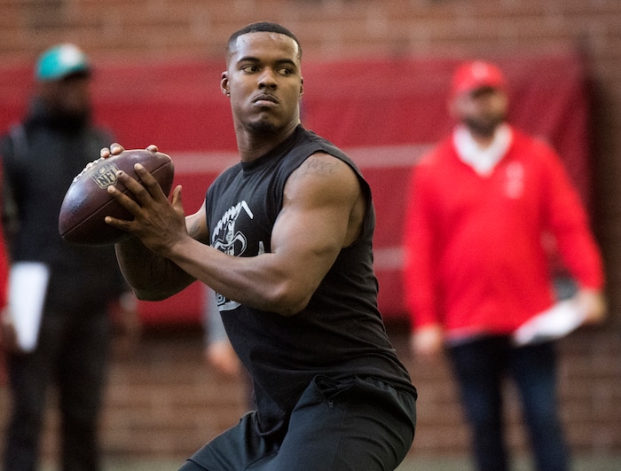 (Rick Egan  |  The Salt Lake Tribune)      Troy Williams throws the ball during University of Utah's 2018 Pro Day for NFL scouts, as Spence Eccles Field House, Wednesday, March 28, 2018.