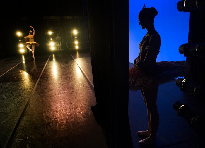 (Rick Egan  |  The Salt Lake Tribune)   Jocelyn Bergt dances, as Sophie Aste waits to perform, during the 2018 Youth America Grand Prix Regional Semi-Finals at the University of Utah Marriott Center for Dance, Saturday, Feb. 17, 2018.