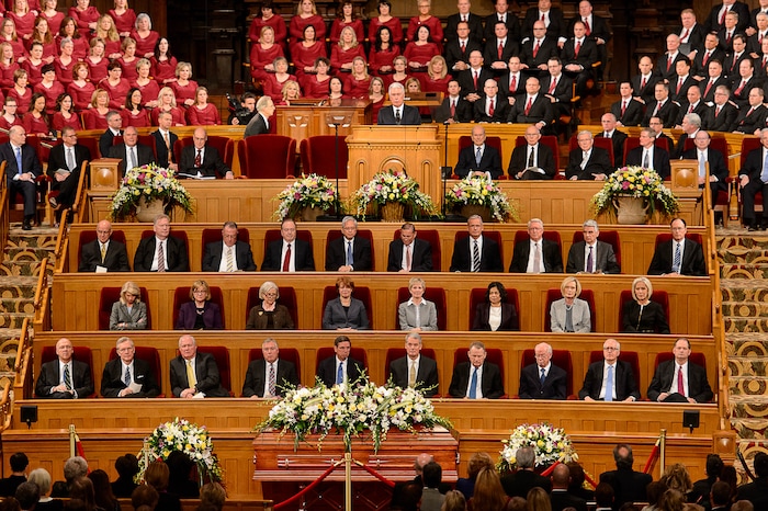 (Trent Nelson | The Salt Lake Tribune)  President Dieter F. Uchtdorf conducts funeral services for Elder Robert D. Hales at the Salt Lake Tabernacle in Salt Lake City Friday October 6, 2017.