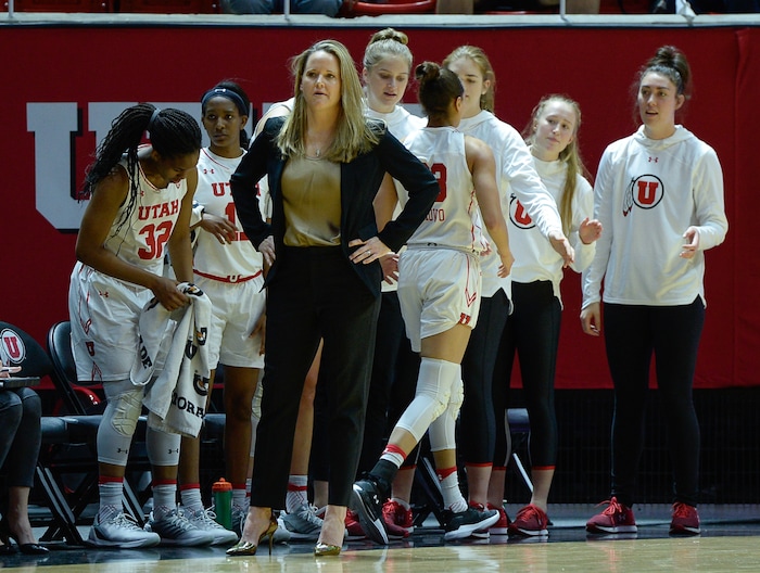(Francisco Kjolseth  |  The Salt Lake Tribune)  Utah head coach Lynn Roberts keeps an eye on game action as Utah hosts UNLV in women's NCAA basketball at the Huntsman Center, Thursday, March 15, 2018.
