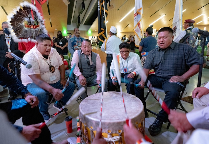 (Francisco Kjolseth | The Salt Lake Tribune) The Hillcreek Singers from Fort Duchesne Utah of the Northern Ute Tribe kick off the 15th Annual Governor’s Native American Summit with a drum circle, held on the Utah Valley University campus on Friday, Aug. 6, 2021.