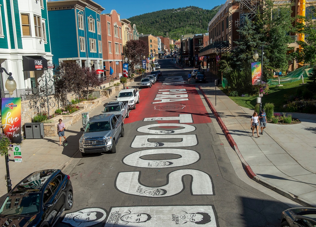 (Rick Egan  |  The Salt Lake Tribune)     Artists painted “Justicia Para Todos” on Main Street in Park City over the weekend, Monday, July 6, 2020.