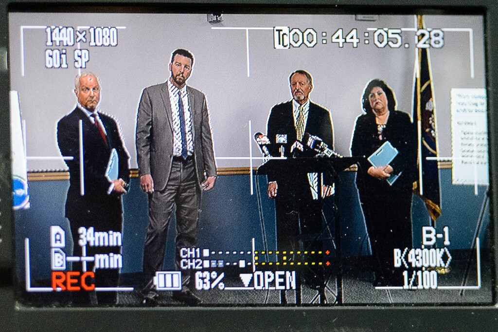 (Trent Nelson | Tribune file photo)
Utah Transit Authority officials held a news conference nearly one year ago to discuss what was then a newly signed nonprosecution agreement with federal investigators looking into past misdeeds at the agency by former board members and others. UTA announced a number of reforms and agreement to work under oversight of a federal monitor. UTA headquarters in Salt Lake City, April 4, 2017. From left are UTA CEO and President Jerry Benson, UTA General Counsel Jayme Blakesley, then-UTA Board Chairman Robert McKinley, and UTA Vice Chairwoman Sherrie Hall Everett.