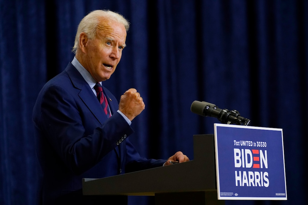 Democratic presidential candidate former Vice President Joe Biden speaks in Wilmington, Del., Friday Sept. 4, 2020. (AP Photo/Carolyn Kaster)