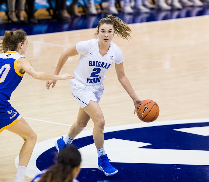 (Photo courtesy of Jaren Wilkey) Shaylee Gonzales is a 5-10 freshman point guard who leads the team in scoring and rebounding and is tied for the team lead in assists.