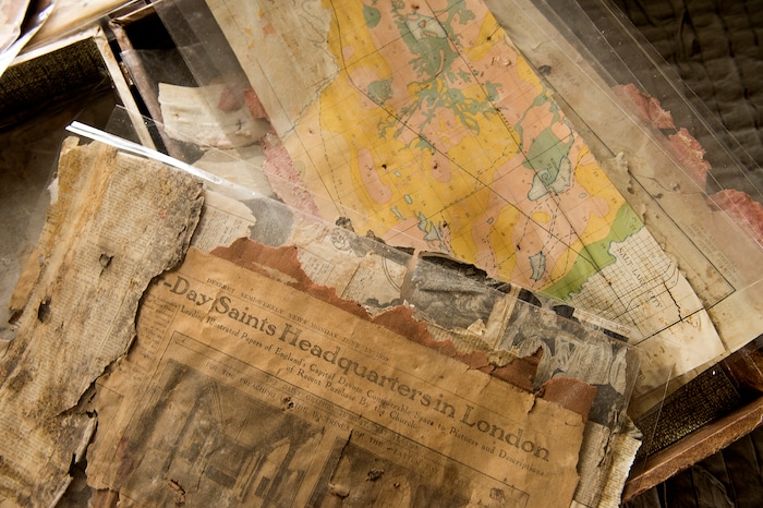 (Leah Hogsten  |  The Salt Lake Tribune) Dawn House saved the maps and newspapers that frontierswoman Ethalinda Morrill pasted to the walls of the 16-by-16-foot, one-room house to keep out some of the cold.