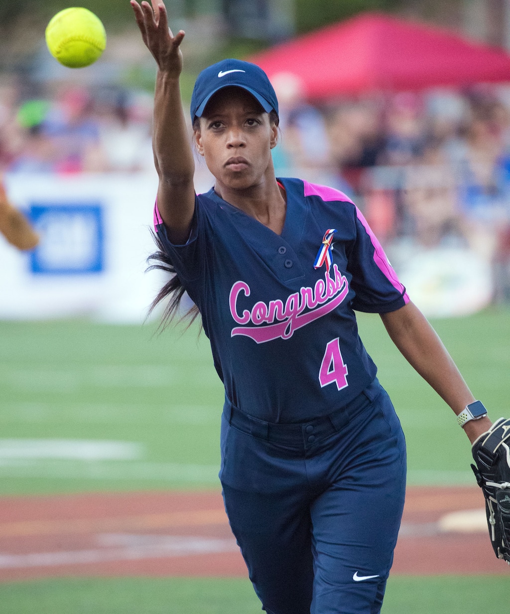(Photo by Jeff Malet, maletphoto.com) Rep. Mia Love plays softball in Washington D.C. on June 21, 2017.