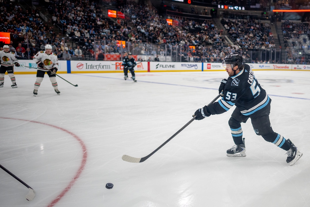 (Trent Nelson  |  The Salt Lake Tribune) Utah Mammoth left wing Michael Carcone (53) scores a goal as the Utah Mammoth host the Chicago Blackhawks, NHL hockey in Salt Lake City on Thursday, Oct. 1, 2026.