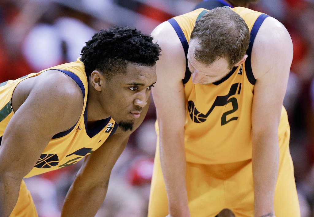 Utah Jazz guard Donovan Mitchell, left, and forward Joe Ingles pause during a time out during the second half in Game 1 of an NBA basketball second-round playoff series against the Houston Rockets, Sunday, April 29, 2018, in Houston. Houston won 110-96. (AP Photo/Eric Christian Smith)