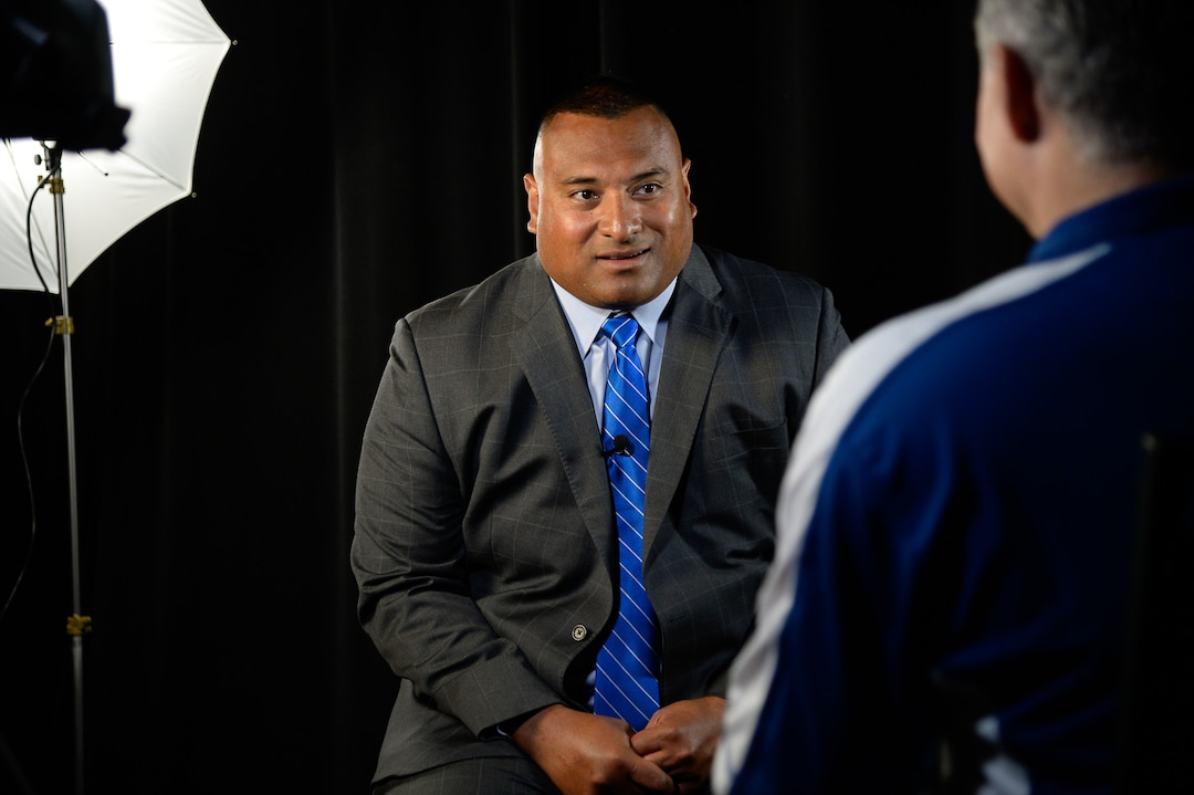 (Francisco Kjolseth  |  The Salt Lake Tribune)  BYU head football coach Kalani Sitaki is interviewed during BYU football media day at the BYU Broadcasting Building in Provo on Tuesday, June 18, 2019.