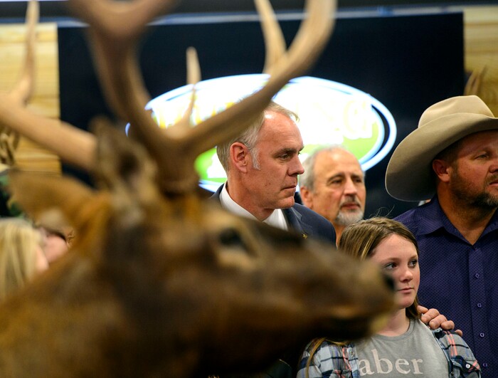 (Steve Griffin  |  The Salt Lake Tribune)  U.S. Secretary of the Interior Ryan Zinke stands at the Western Hunting and Conservation Expo at the Salt Palace Convention Center in Salt Salt Lake City on Friday, Feb. 9, 2018, as he prepares to sign Secretarial Order 3362, aimed at improving habitat quality and Western winter range and migration corridors for big game.
