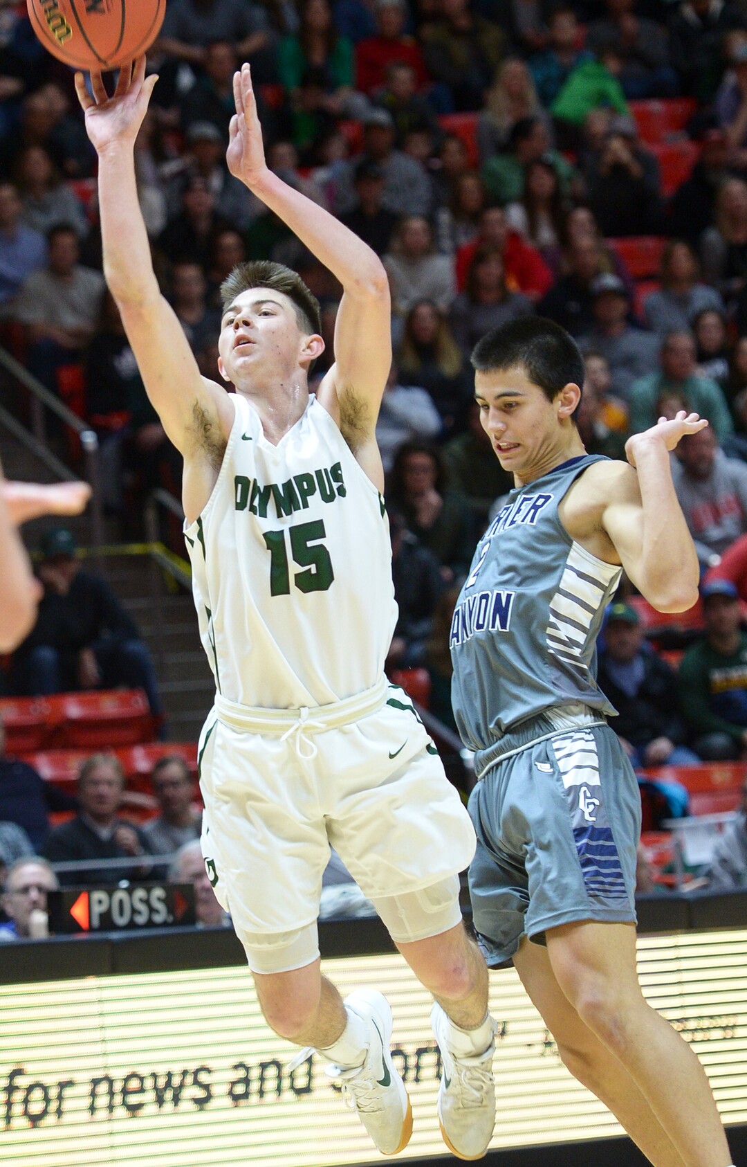 (Leah Hogsten  |  The Salt Lake Tribune) Olympus' Rylan Jones (15) had 14 points and 3 rebounds in the first half. Olympus plays Corner Canyon for the 5A High School BoysÕ Basketball Tournament Championship at the Jon M. Huntsman Center in Salt Lake City,  Saturday, March 3, 2018.