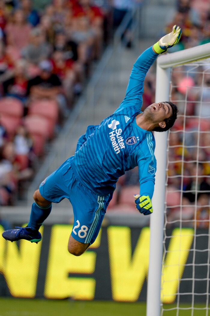Leah Hogsten | The Salt Lake Tribune San Jose Earthquakes goalkeeper Andrew Tarbell (28) skies above the net as a free kick from Real Salt Lake midfielder Albert Rusnak (11) sails high above him as Real Salt Lake hosts the San Jose Earthquakes at Rio Tinto Stadium in Sandy, Utah, Saturday, June 23, 2018.