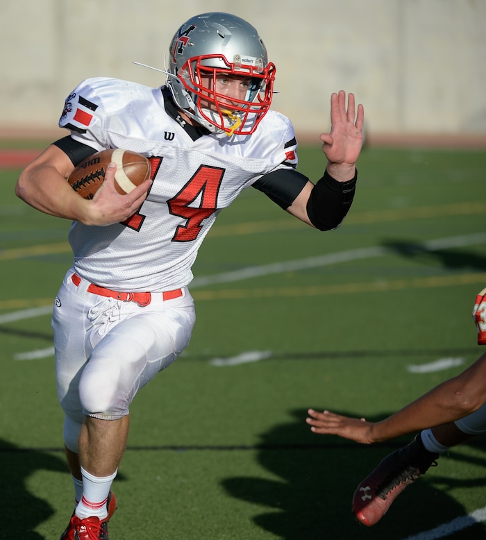 (Francisco Kjolseth  |  The Salt Lake Tribune)  Manti's Lance Fowles puts in some yards in game action against Judge Memorial in the Class 3A football playoff game at Judge on Thursday, Oct. 19, 2017. 