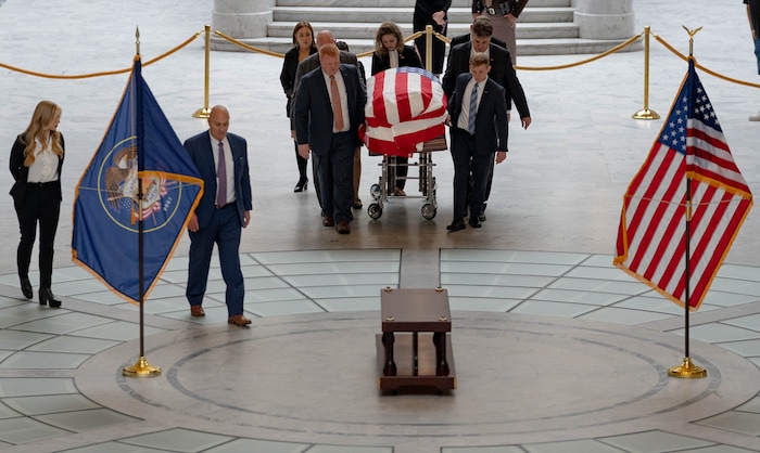 (Francisco Kjolseth | The Salt Lake Tribune) The casket carrying former U.S. Sen. Orrin Hatch is brought into the Utah Capitol on Wednesday, May 4, 2022.