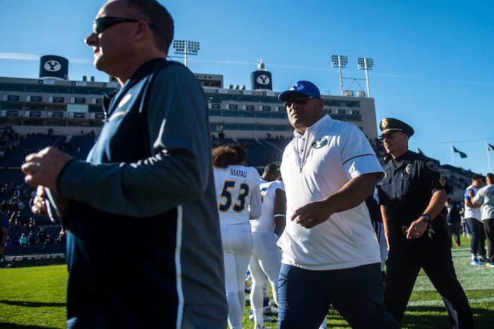 (Chris Detrick  |  The Salt Lake Tribune)  Brigham Young Cougars head coach Kalani Sitake walks off of the field after the game at LaVell Edwards Stadium Saturday, October 28, 2017.  Brigham Young Cougars defeated San Jose State Spartan 41-20.