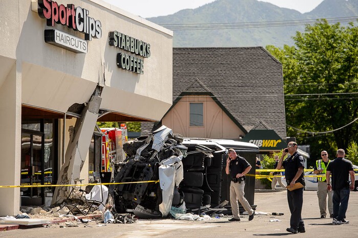 (Trent Nelson | The Salt Lake Tribune)
One person was killed, and several injured, when a car drove into a Starbucks parking lot and into a patio Friday June 8, 2018 in Holladay.