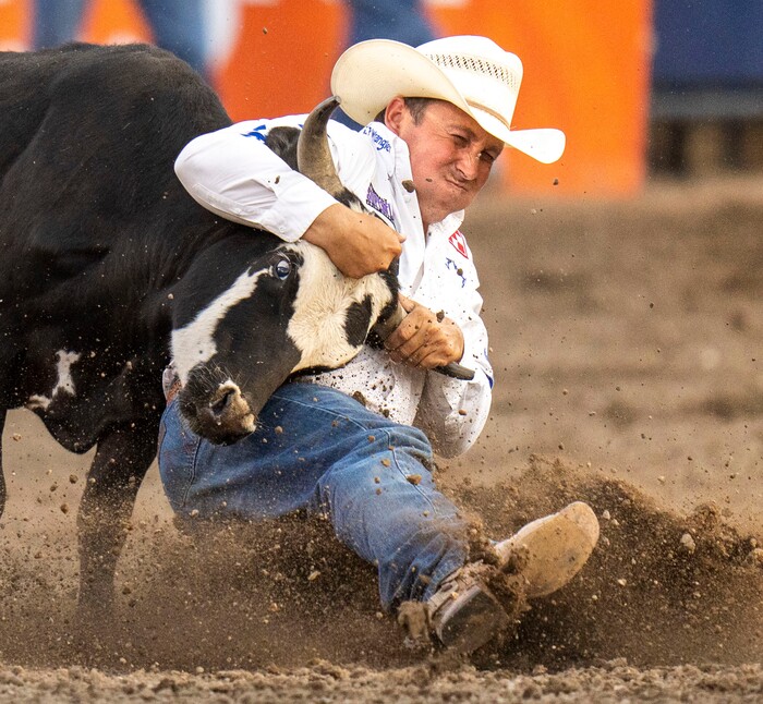 (Rick Egan | The Salt Lake Tribune)  Riley Duvall of Checotah, Okla., competes in steer wrestling at the Utah Days of '47 Rodeo at the State Fairpark, on Monday, July 25, 2022.