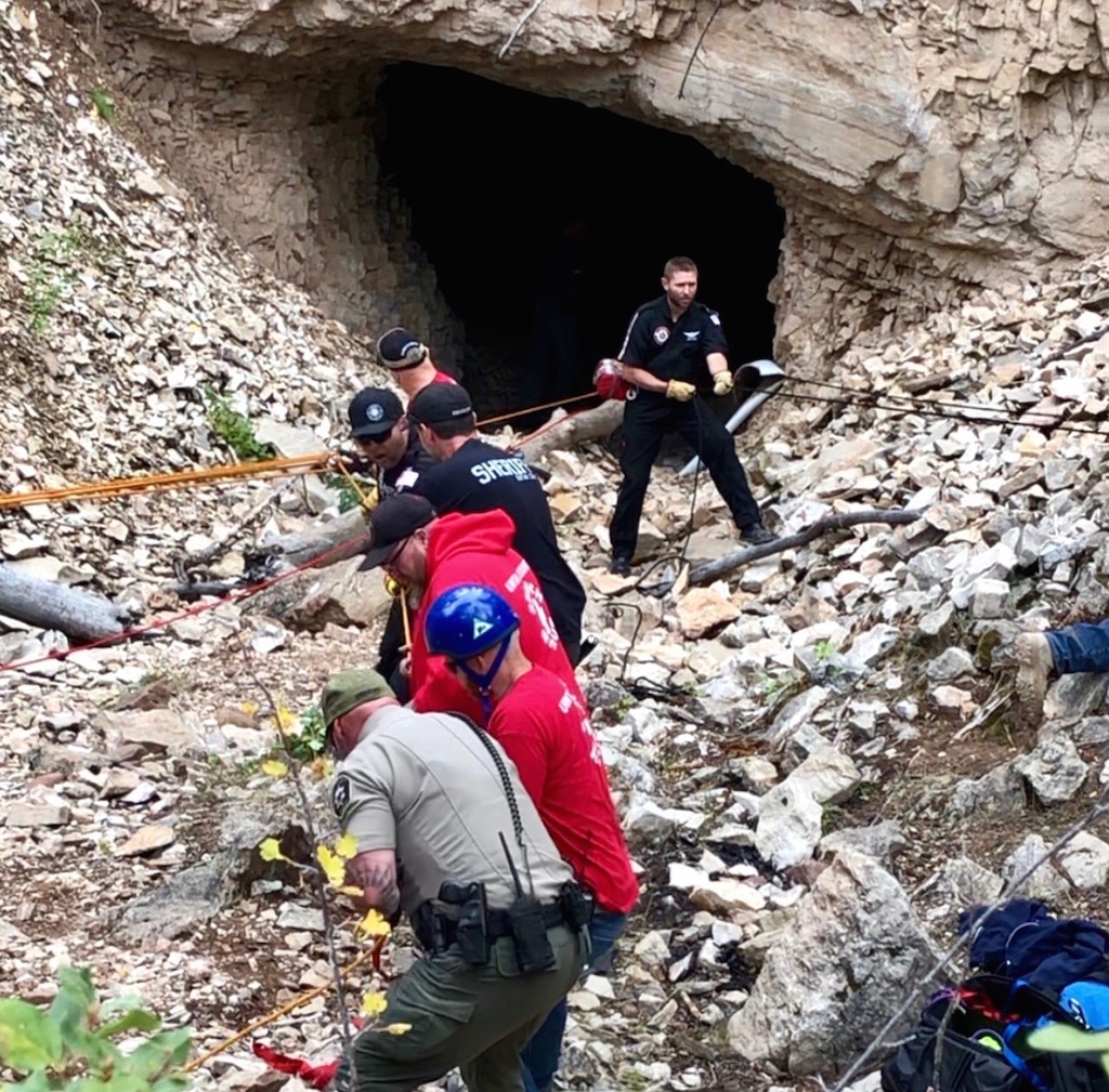 (Courtesy of Uintah County Sheriff's Office) Rescuers on Sept. 21, 2019, retrieved a spelunker who was injured when a rock fell in Toothbrush Cave, 20 miles north of Vernal. The rock, the size of a cantaloup, struck the 20-year-old in the back of the head. He was taken to a hospital where he was treated and released.