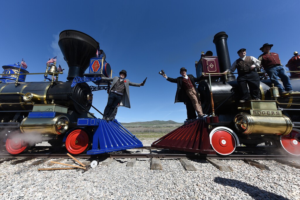 (Francisco Kjolseth | The Salt Lake Tribune) Doug Foxley, left, and Spencer Stokes re-create a historic on Friday May 10, 2019, in celebration of the 150th anniversary of the completion of the transcontinental railroad at Promontory Summit where the two rails met back on May 10, 1869.